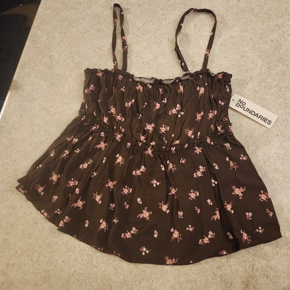 NWT Brown/pink Floral Ruffle Spaghetti Strap Top Size Small